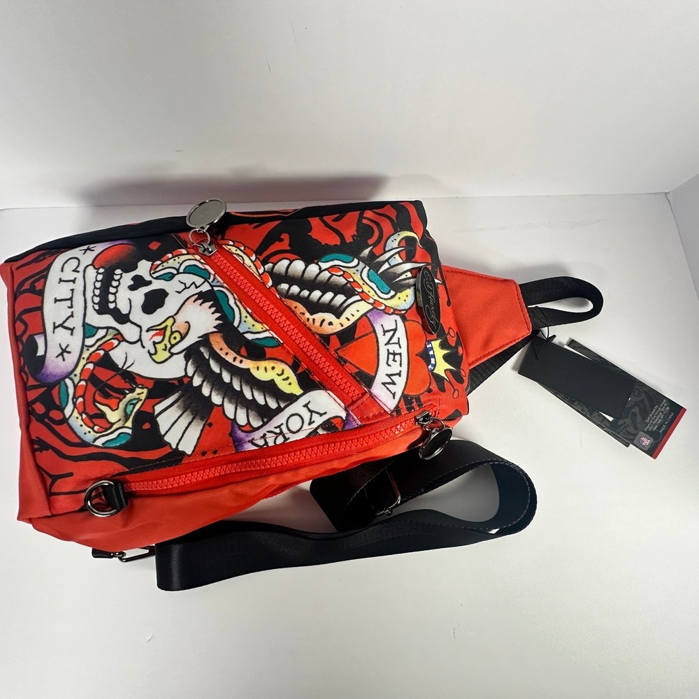 Ed Hardy Sling Backpack Unisex Red Black New York City Skull Eagle Tattoo NWT - Picture 7 of 14